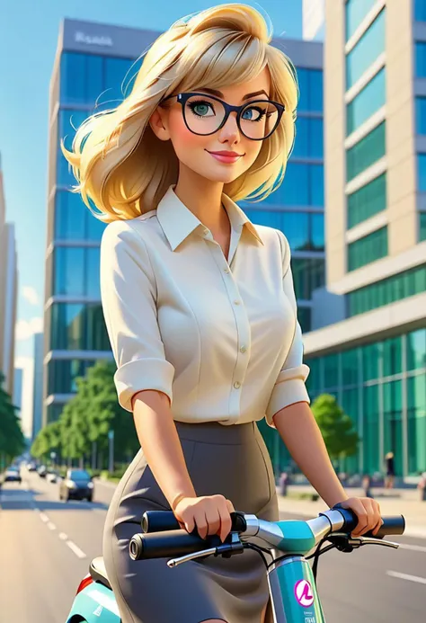 woman with glasses, slight smile, on electric scooter, wears office clothes, blonde hair, bangs, modern research institue building in background, on the road, from side, illustration, romance book cover style