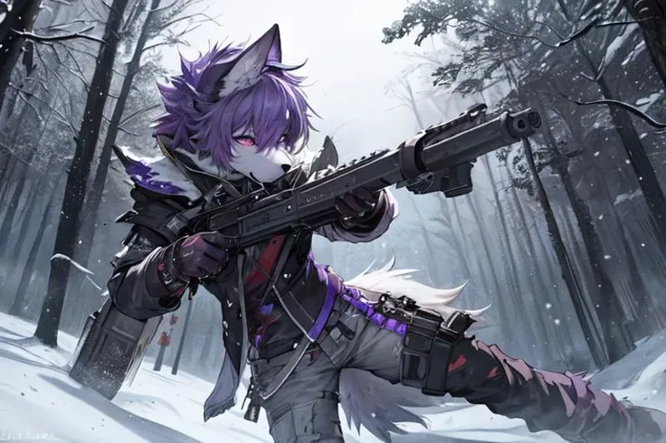 score_up9, furry, wolf, purple fur, wolf girl, gun, ripped clothing, aiming, Arknights, fighting, bruised, dirty, scratch marks, bleeding, night time, blood, magic attacks, losing battle, detailed background, dark, villain, forest, bad guy, glowing purple ...