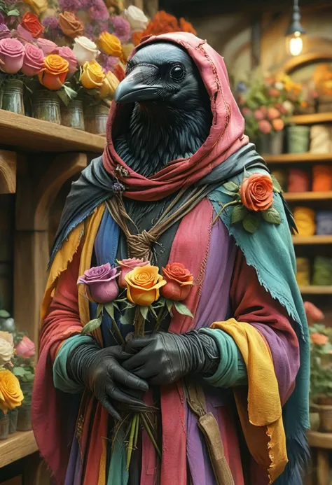 corvidfolk, holding a rose, colorful robes and hood, realistic, flower shop background