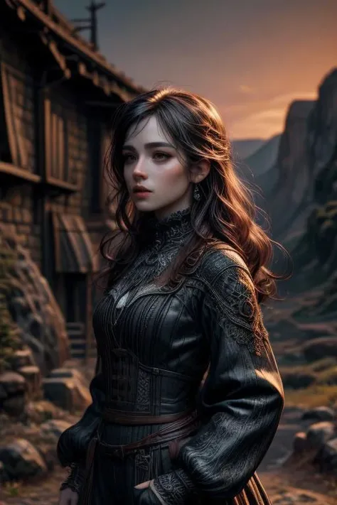 (best quality, masterpiece), (intricate details), unity 8k wallpaper, ultra detailed, beautiful and aesthetic, (photorealistic:1.4),
from side, cowboy shot, 
scandianvian woman, fantasy, lovecraft  style, standing,
beautiful face, perfect face,
very long c...