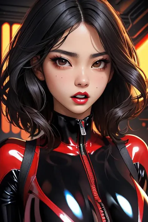 Mech repair bay. Red/black latex catsuit, gorgeous young Japanese diva. ((expressive face, surprised)) huge breasts, deep cleavage, dark tan, long black hair, makeup, lipstick, black eyes.