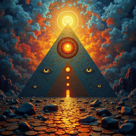 photo in style of molecular, highly detailed, colorful reflective mosaic that depicts: pyramids, eyes, and spiritual drawings, mysterious yet beautiful, under moody lights, evening, yellow and red and slightly blue tones, detailed mosaic,