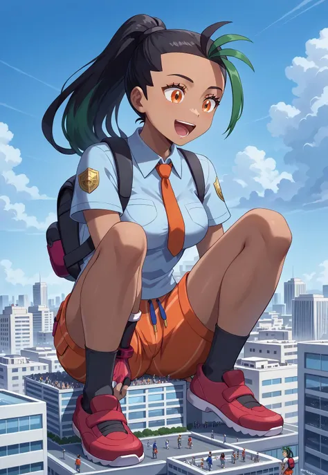 safe_pos, score_9, score_8_up, score_8, medium breasts,cute, eyelashes, Nemona (Pokemon), black hair, green hair, orange eyes, dark skin, multicolored hair, two-tone hair, hair pulled back, collared shirt, fingerless gloves, orange shorts, backpack, happy ...