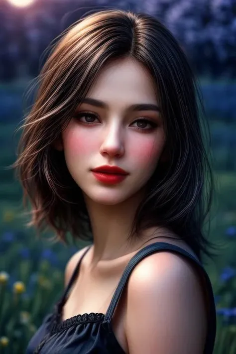 (masterpiece:1.2), (best quality,:1.2), 8k, HDR, ultra detailed, ((photorealistic)), cinematic lighting,  high depth of field, 
a slender woman is standing in a sunny meadow covered with cornflowers and poppies, flowers in her hair, blossoming cherry trees...