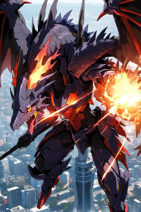 1 mecha dragon,armored dragon,glowing red eyes,black dragon,on the Tokyo Skytree,black fire blessing,