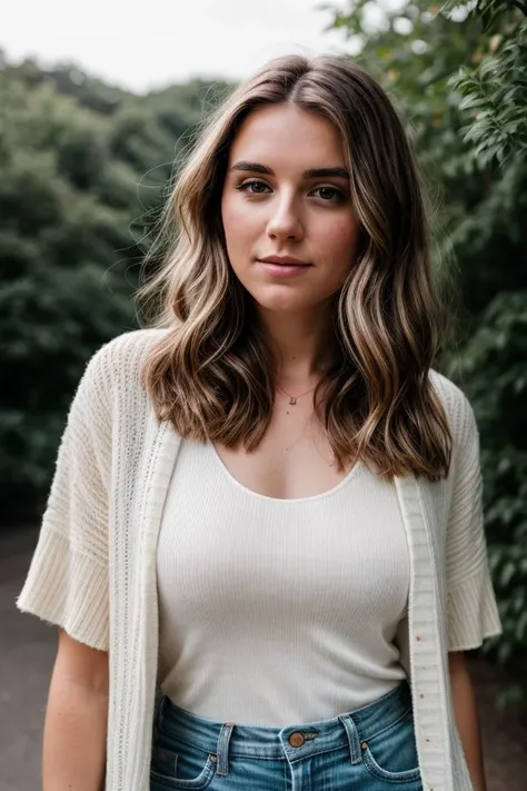 a woman with long hair and a white top standing in front of trees