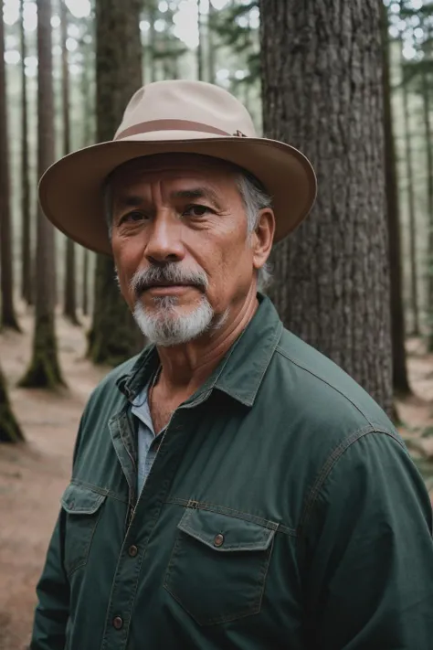 a man in a hat standing in a forest