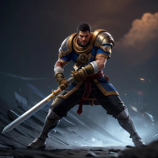 (((a swordfighter on a battlefield swinging his large golden sword, full body)))<lora:GarrisonBattleChasersLoraV1:0.5> man with black hair, blue orange armor, red cape, sword in hand highres, ultra detailed:1.3, 4k, high quality, ultra realistic, sharpen i...