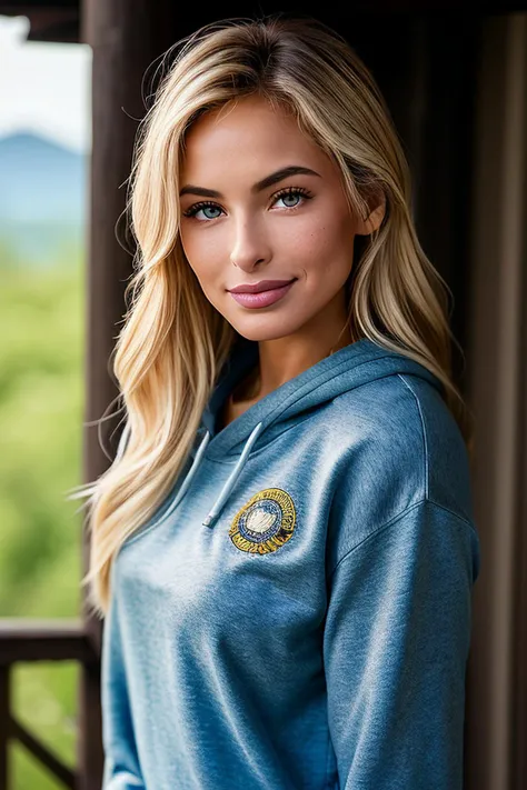 photo of beautiful (EPH4nn4hP4lm3r:0.99), a woman with perfect hair, hair upsweep updo, wearing ({red|green|yellow|blue|black|white} Velour Sweatshirt :1.1), (plain {yellow|white|red|blue} fantastic scenery, outdoors, __tt-location-outdoors__ :1.1), models...