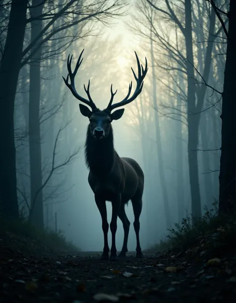 silhouette of a majestic stag with a panoramic view of a dense, misty forest. the stag stands proudly, its antlers extending upw...