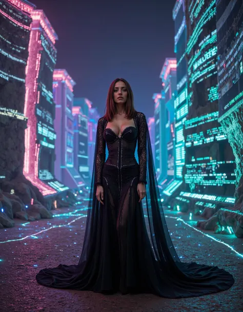 cinematic photo a queen stands at the heart of a colossal, holographic city, where towering structures of shimmering data and li...