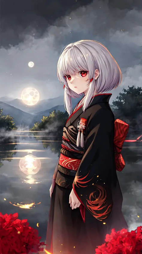 a woman in a kimono outfit standing in front of a lake