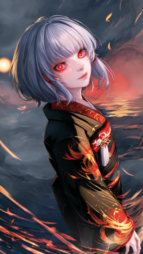 a woman with white hair and red eyes standing in front of a dark sky