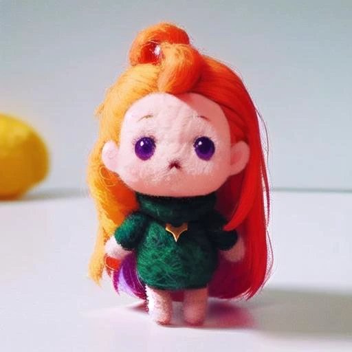 1girl, (disheveled hair),[orange hair:purple buttom hair:0.8],forehead,zoe,long hair,multicolored hair,blue and purple  eyes,
,child, Wool felt, cute,chibi