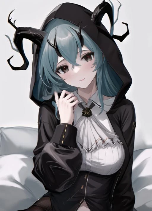 a close up of a person sitting on a bed with a hood on