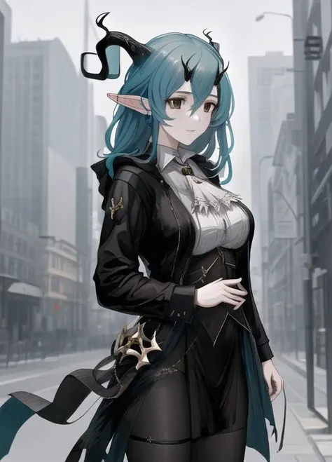 a woman with blue hair and black clothes standing in a city