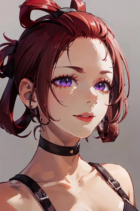 <lora:bangs-pinned-back:1> bangs pinned back, hair tie, portrait, upper body, face focus,, ultra detailed, masterpiece, best quality, aesthetic, detailed,, solo, seductive smile, red lips,
1girl, purple eyes, red hair, blunt bangs, medium breasts, <lora:ha...