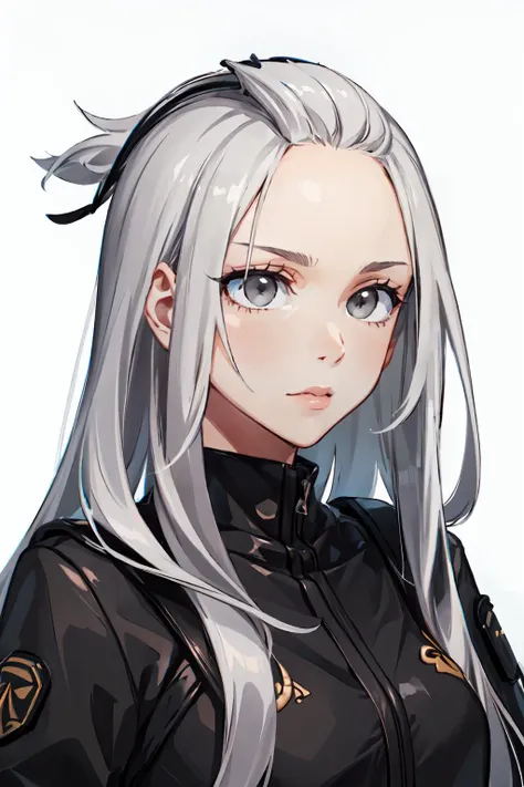 <lora:bangs-pinned-back:1> bangs pinned back, hair tie, portrait, upper body, face focus,, ultra detailed, masterpiece, best quality, aesthetic, detailed,, serious, 1girl, (white eyes:1.1), (grey eyes:1.3), white hair, very long hair, parted hair, parted b...