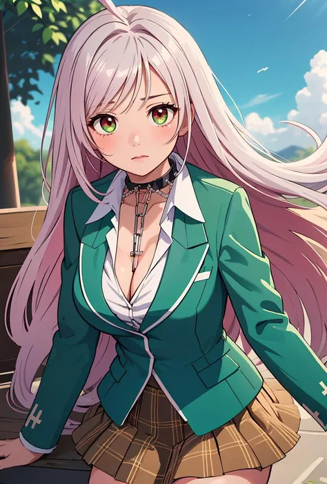 (masterpiece, best quality), 1girl,   <lora:akashiyamoka-nvwls-v1:0.8> outermoka, pink hair, ahoge, green eyes, choker, cross chain, cleavage, green blazer, green jacket, plaid skirt, innermoka, silver hair, red eyes, choker, chain, cleavage, green blazer,...