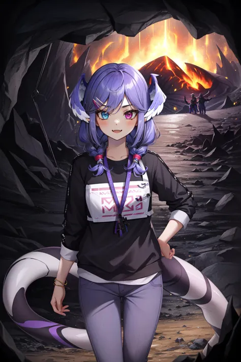 anime girl with purple hair and blue eyes standing in front of a volcano