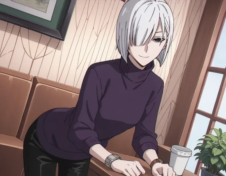 anime image of a woman in a purple shirt sitting at a table