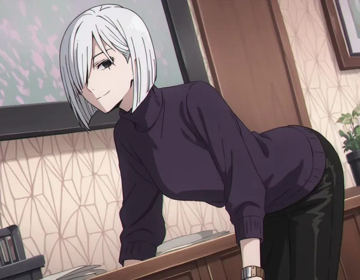 anime image of a woman in a purple shirt leaning over a desk