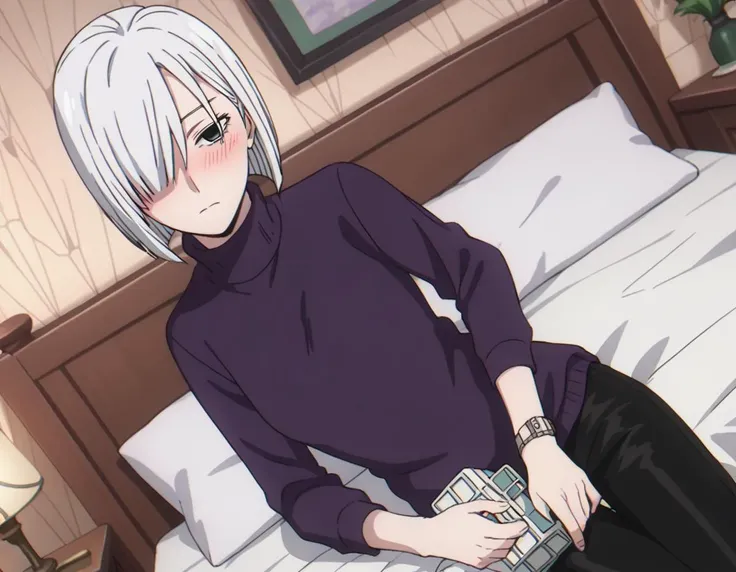 anime image of a woman sitting on a bed with a remote control