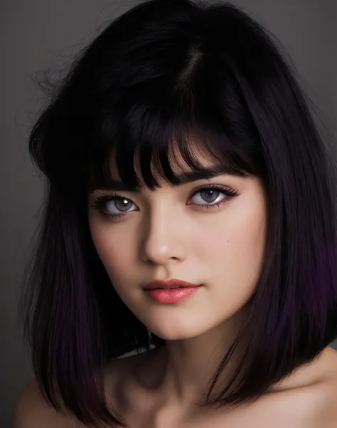 a close up of a woman with a purple hair and a black dress