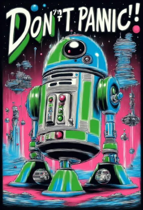 DonMD0n7P4n1cXL, text "DONT PANIC!", male r2-series astromech droid, , war hammer  <lora:DonMD0n7P4n1cXL:1>