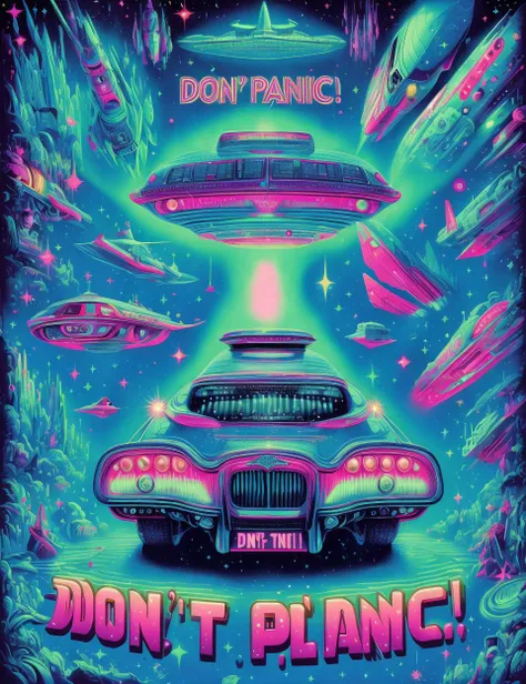 DonMD0n7P4n1c, text "DONT PANIC!",retro scifi, big Conveyance, fins, rear defroster,    ethereal crystal, translucent,  fluffy cushioning, , <lora:DonMD0n7P4n1c:0.7>