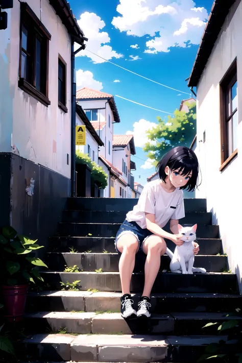 anime girl sitting on steps with a cat in front of her