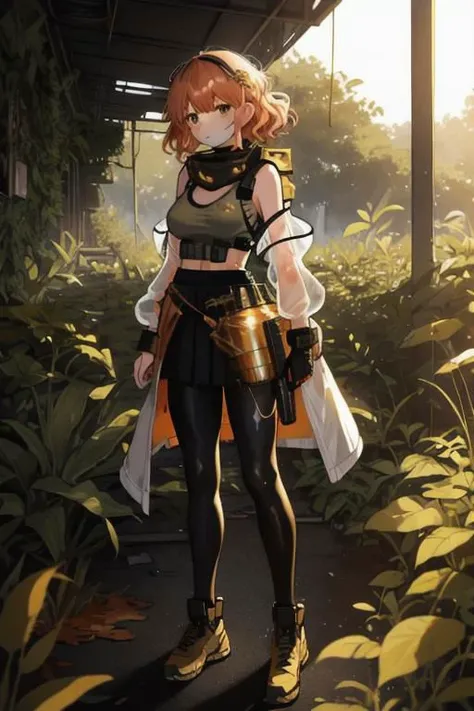 full body, a girl, a pretty woman, curly hair, short copper-colored hair tinged with gold, white coat, blue see-through skirt, see-through leggings, she is standing near ((one rusted damaged M1 Abrams military tank)), rushed Dilapidated collapsed military ...