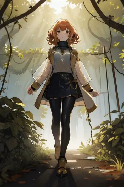 full body, a girl, a pretty woman, curly hair, short copper-colored hair tinged with gold, white coat, blue see-through skirt, see-through leggings, she is standing near (Several rusted damage M1 Abram military tanks,  armored vehicles), rushed Dilapidated...