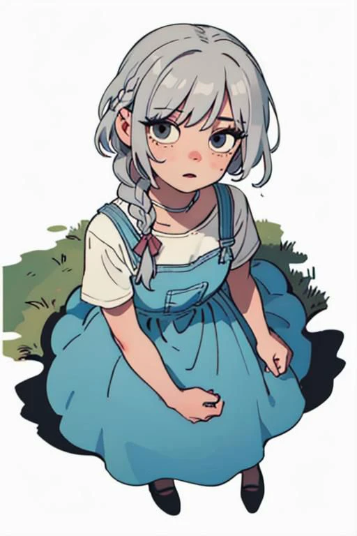 a cartoon girl with long gray hair and a blue dress