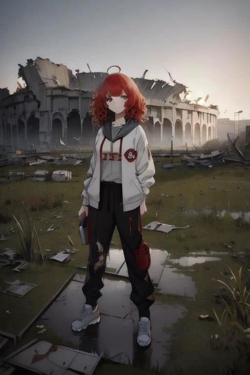 full body, (1female), 1girl, close up, face focus, boring face, red hair, short hair, curly hair, hoodie and school uniform, pants, flood, water, grass, (dilapidated Stadium, desolated buildings, collapsed Stadium, destroyed abandoned Stadium), baseball, f...