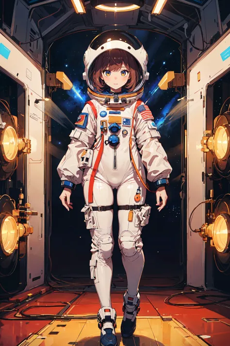 a woman in a space suit standing in a space station