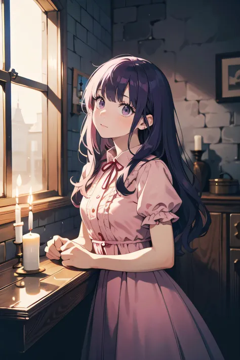 cowboy shot,   (facing up:1.2),  (1female), easygoing face, purple hair, absurdly long hair, wavy hair, hime cut,       (pink victorian dress),  (prison, darkroom:1.2), one window, darkness, (one candle on the table, candle light), cobble stone wall,  (bes...