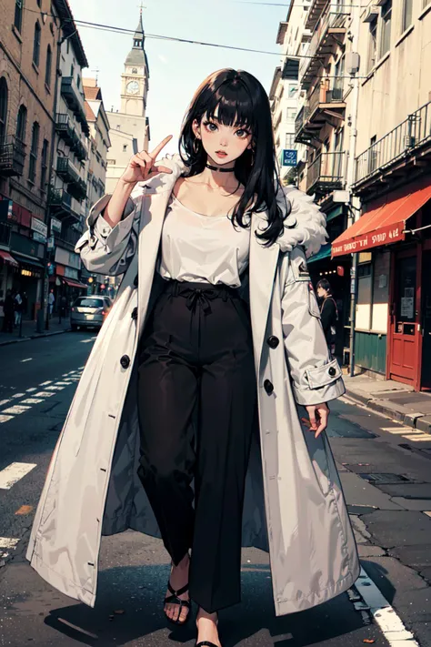 (best quality, masterpiece:1.1),   full body,   (facing up:1.2),  (1female), crazy face, black hair, very long hair, blunt bangs, undercut,       (wear top and pants and long coat), chocker,