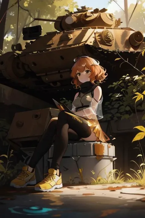 full body, a girl, a pretty woman, curly hair, short copper-colored hair tinged with gold, white coat, blue see-through skirt, see-through leggings, she is sitting on ((one rusted damaged M1 Abrams military tank)), rushed Dilapidated collapsed military fac...