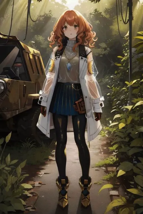 full body, a girl, a pretty woman, curly hair, short copper-colored hair tinged with gold, white coat, blue see-through skirt, see-through leggings, she is standing near (Several rusted damage M1 Abram tanks,  armored vehicles), rushed Dilapidated collapse...