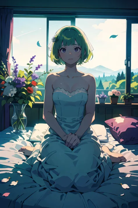 full body,  looking outside,   (1female), desired face, green hair, short hair, blunt bangs, forehead,       white wedding dress,  (flowers are scattered on the bed:1.2), window,  (best quality, masterpiece, scenery:1.1), <lora:spotlight:0.5>, silhouette, ...