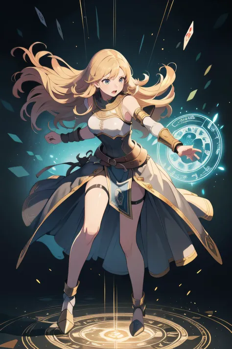 full body,   (facing down:1.2),  (1female), Yawning, golden hair, very long hair, curly hair,        (leather cuirass, leather bracer, medieval clothes), armor,  (checkered floor), (magic circle, floating card, battle effectiveness award), swirling black l...