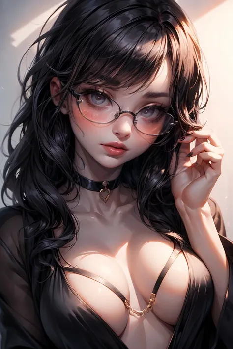 (masterpiece, best quality), 1girl, messy hair, choker, black silk pajamas, see-through, glasses, <lora:add_detail:1>