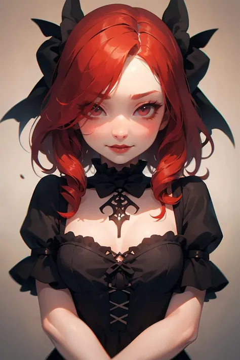 (masterpiece, best quality), 1girl, red hair, medium chest, gothic frill dress, pervert face,