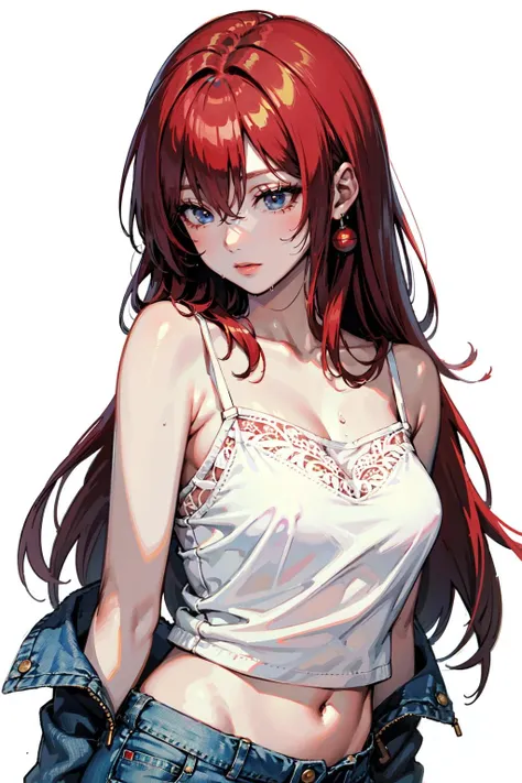 a woman with red hair and a white top is posing