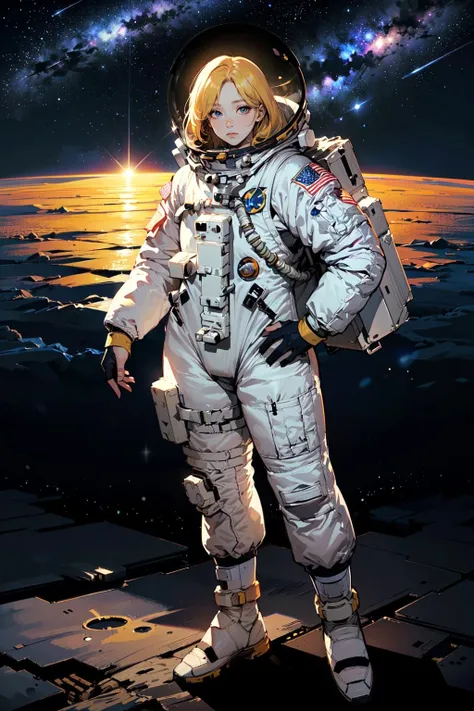 a woman in a space suit standing on a platform with a backpack