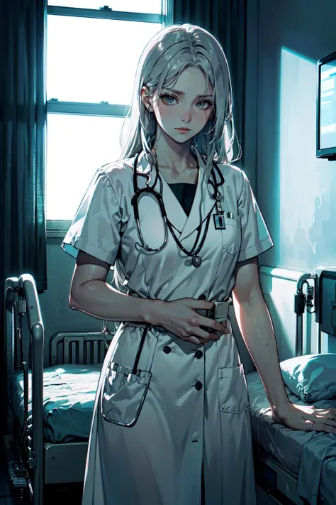 anime nurse in a hospital room with a bed and a window