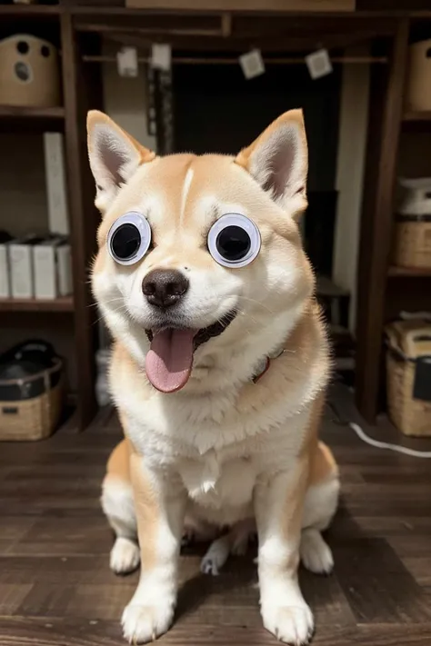 photorealistic photo of a googeyes shiba inu, googly eyes, beautiful, (intricate details), unity 8k wallpaper, ultra detailed, aesthetic, perfect lighting <lora:googeyes_v1:0.8>