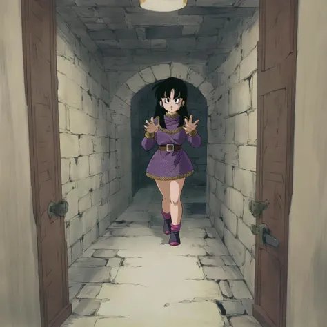 akiratoriyama art style, 1girl, a girl walking in a dungeon, hands up, chainmail, solo, black hair, make up,