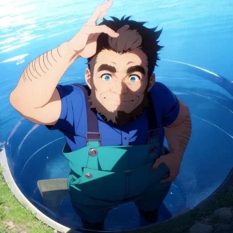 a close up of a person in overalls in a pool